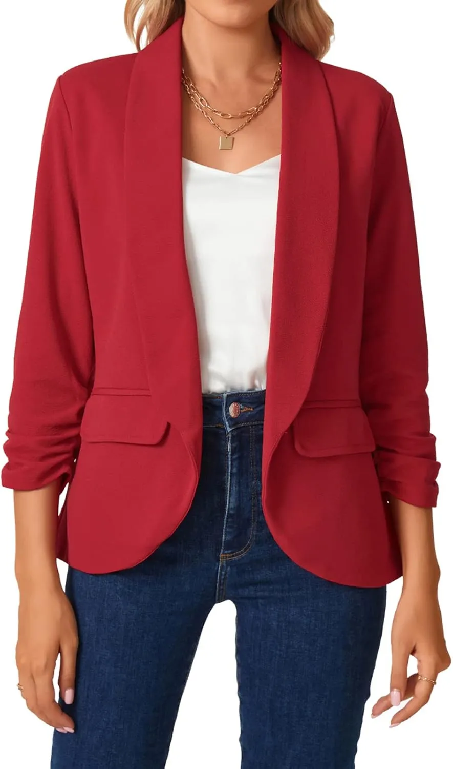 MINTLIMIT Womens Casual Open Front Blazers 3/4 Ruched Sleeve Business Work Blazer Jackets with Pockets