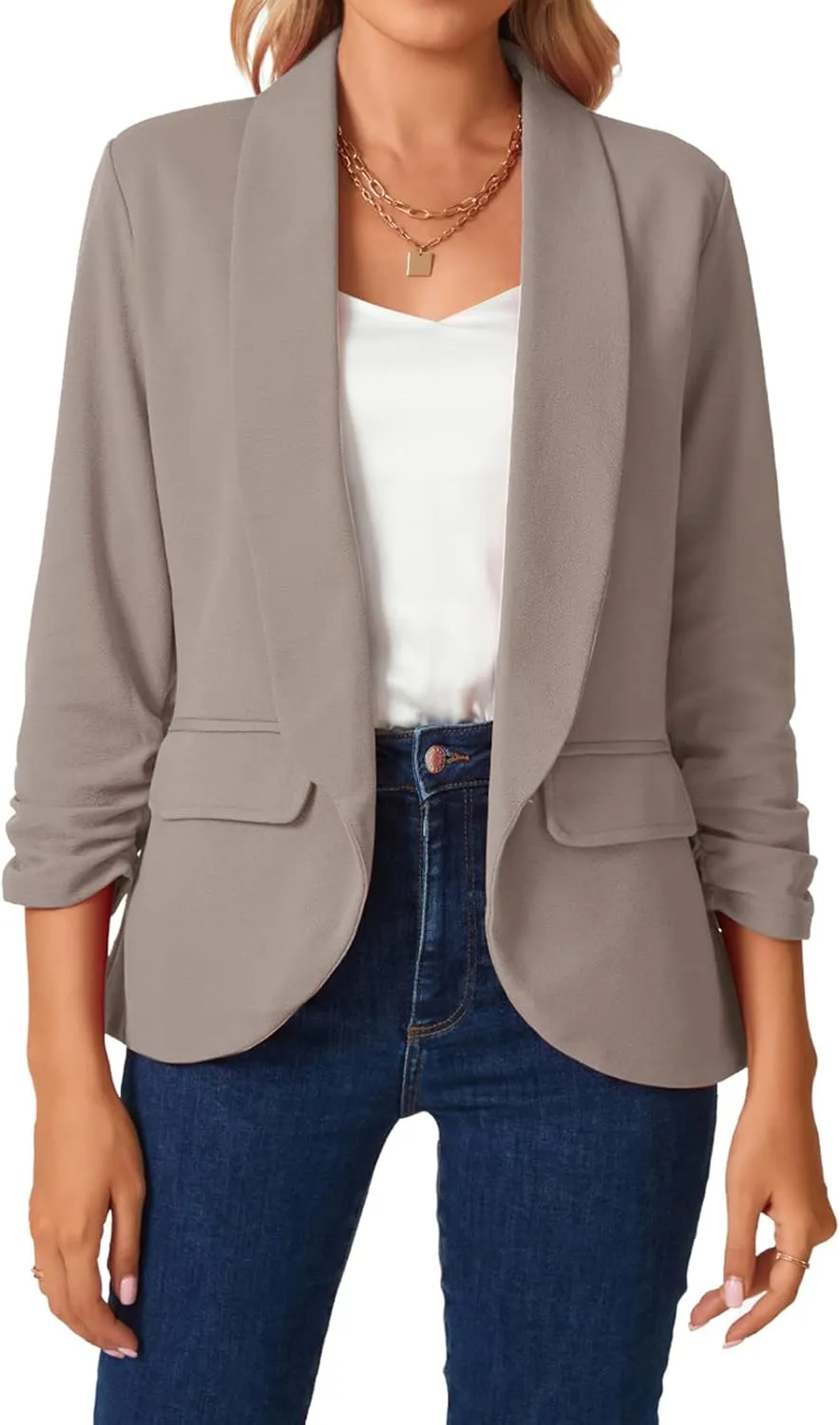 MINTLIMIT Womens Casual Open Front Blazers 3/4 Ruched Sleeve Business Work Blazer Jackets with Pockets