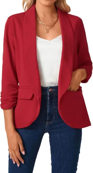 MINTLIMIT Womens Casual Open Front Blazers 3/4 Ruched Sleeve Business Work Blazer Jackets with Pockets