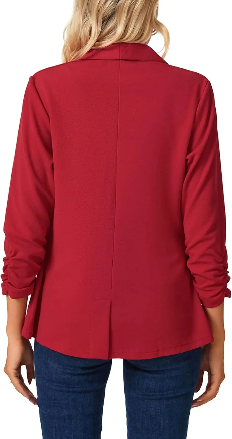 MINTLIMIT Womens Casual Open Front Blazers 3/4 Ruched Sleeve Business Work Blazer Jackets with Pockets