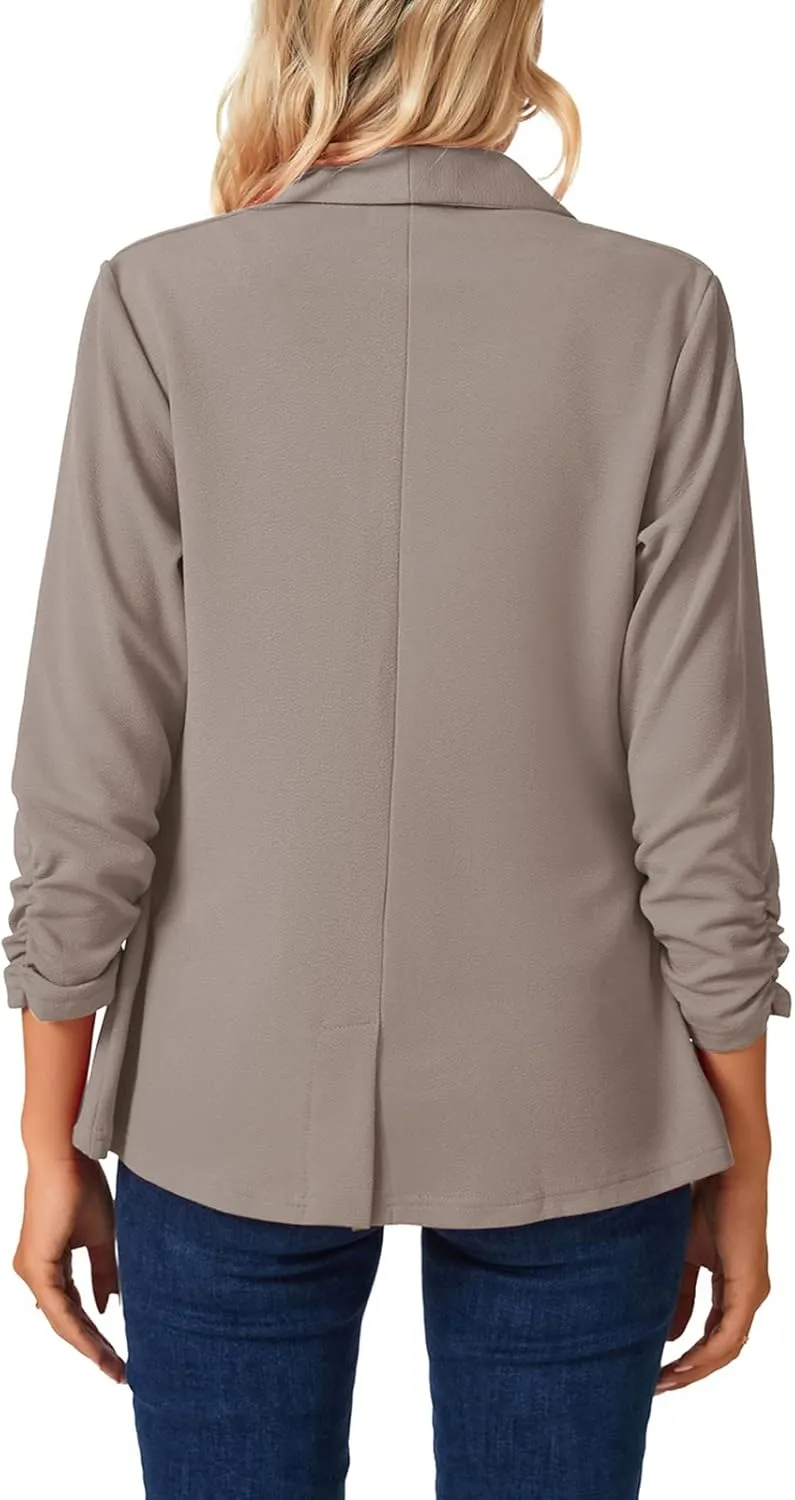 MINTLIMIT Womens Casual Open Front Blazers 3/4 Ruched Sleeve Business Work Blazer Jackets with Pockets
