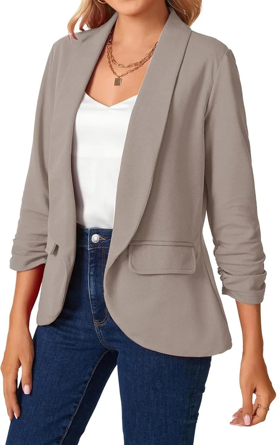 MINTLIMIT Womens Casual Open Front Blazers 3/4 Ruched Sleeve Business Work Blazer Jackets with Pockets