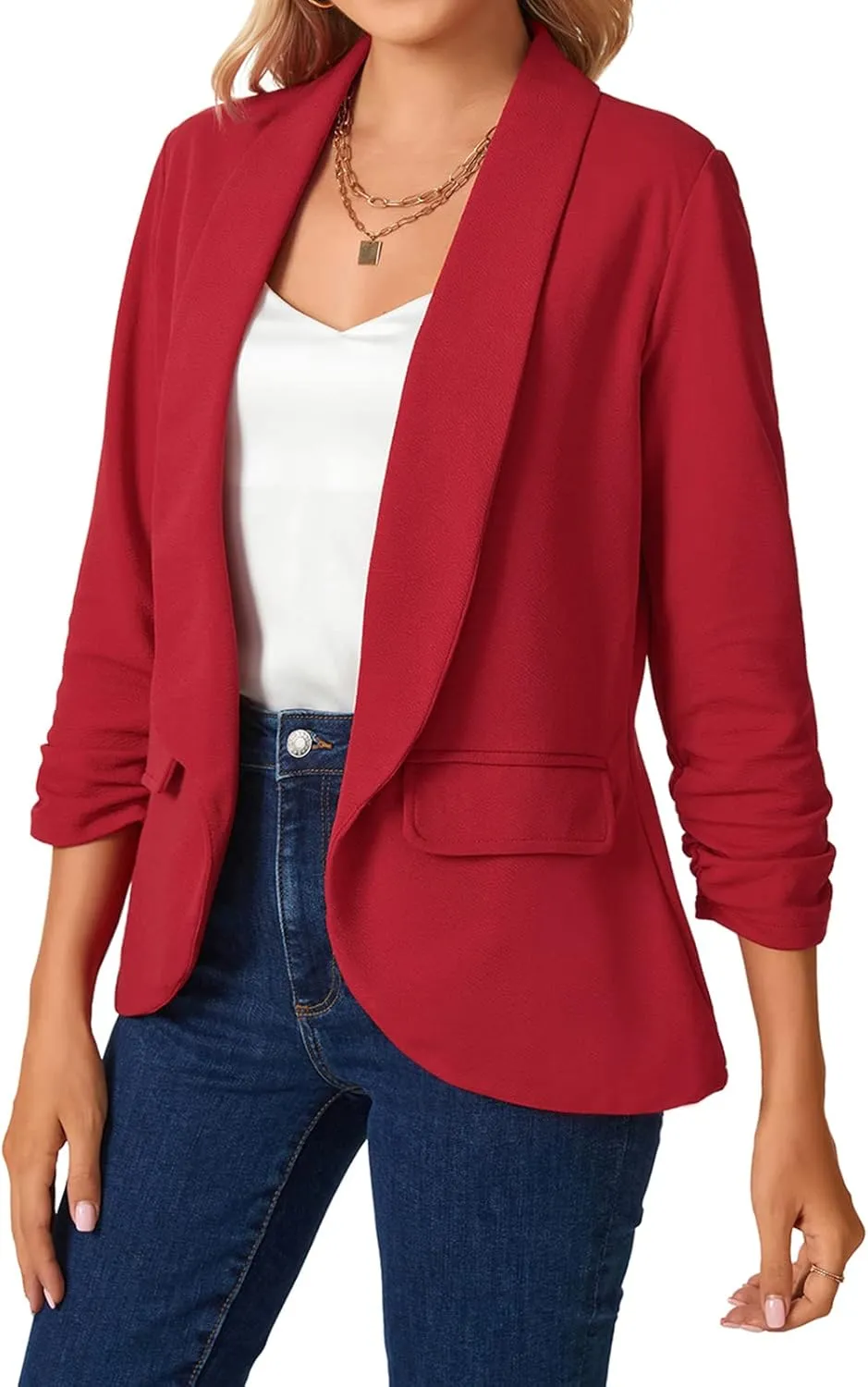 MINTLIMIT Womens Casual Open Front Blazers 3/4 Ruched Sleeve Business Work Blazer Jackets with Pockets