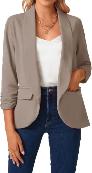 MINTLIMIT Womens Casual Open Front Blazers 3/4 Ruched Sleeve Business Work Blazer Jackets with Pockets