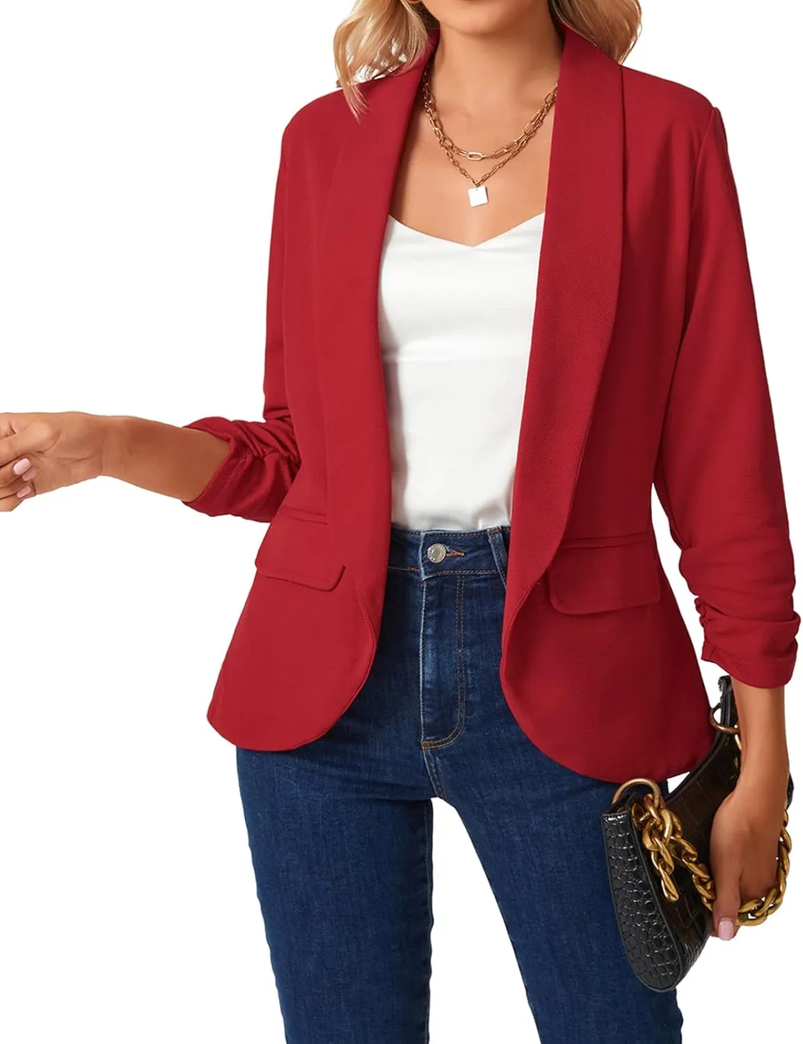 MINTLIMIT Womens Casual Open Front Blazers 3/4 Ruched Sleeve Business Work Blazer Jackets with Pockets