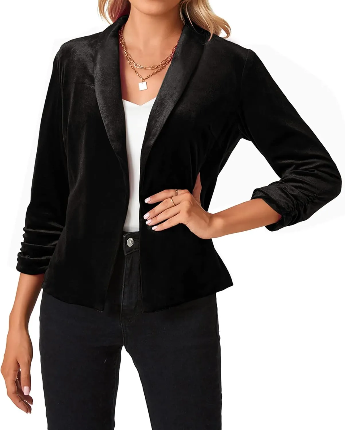 MINTLIMIT Women's Velvet Blazer 3/4 Ruched Sleeve Jacket Shawl Lapel Open Front Casual Blazers Jackets