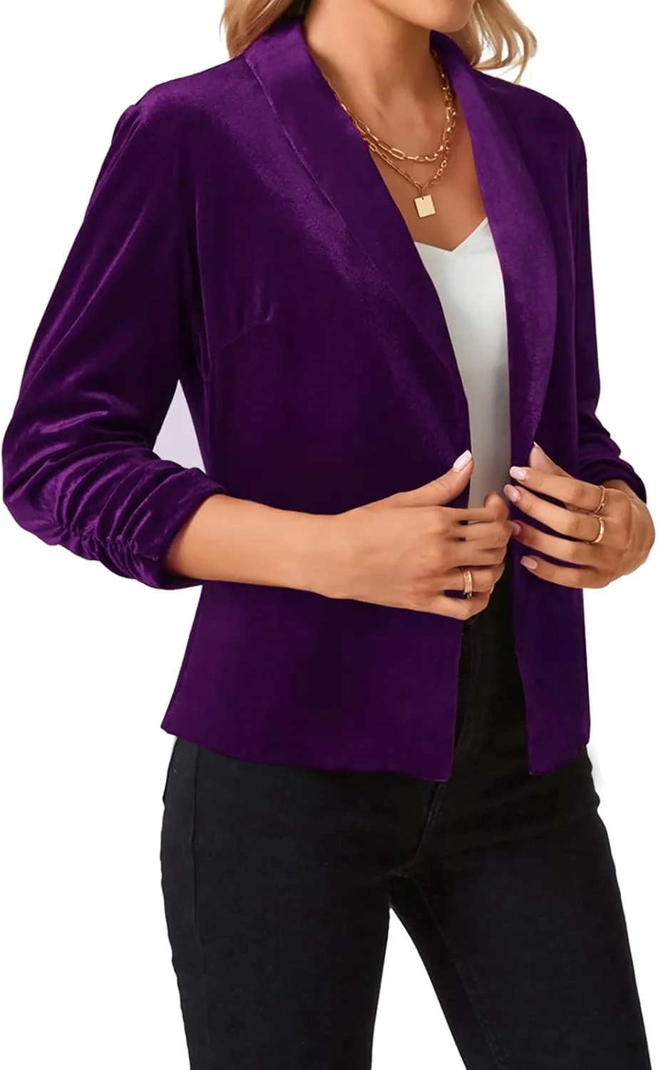 MINTLIMIT Women's Velvet Blazer 3/4 Ruched Sleeve Jacket Shawl Lapel Open Front Casual Blazers Jackets