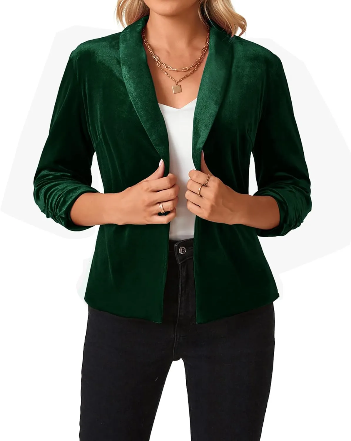 MINTLIMIT Women's Velvet Blazer 3/4 Ruched Sleeve Jacket Shawl Lapel Open Front Casual Blazers Jackets