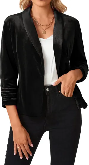 MINTLIMIT Women's Velvet Blazer 3/4 Ruched Sleeve Jacket Shawl Lapel Open Front Casual Blazers Jackets