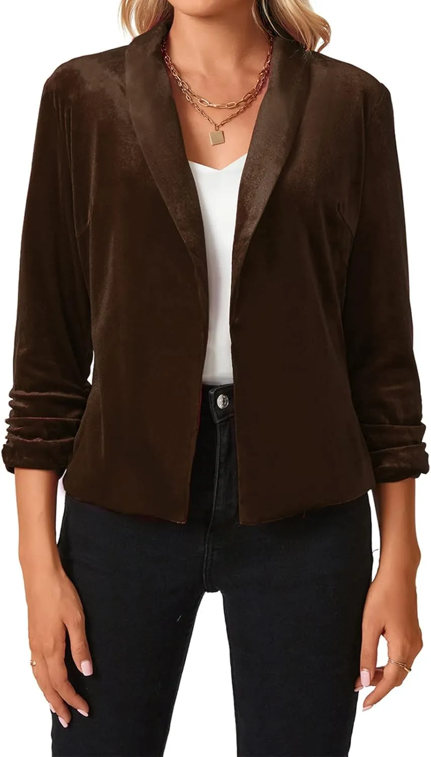 MINTLIMIT Women's Velvet Blazer 3/4 Ruched Sleeve Jacket Shawl Lapel Open Front Casual Blazers Jackets