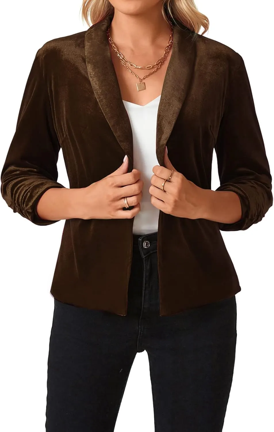 MINTLIMIT Women's Velvet Blazer 3/4 Ruched Sleeve Jacket Shawl Lapel Open Front Casual Blazers Jackets