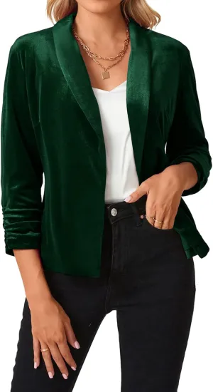 MINTLIMIT Women's Velvet Blazer 3/4 Ruched Sleeve Jacket Shawl Lapel Open Front Casual Blazers Jackets