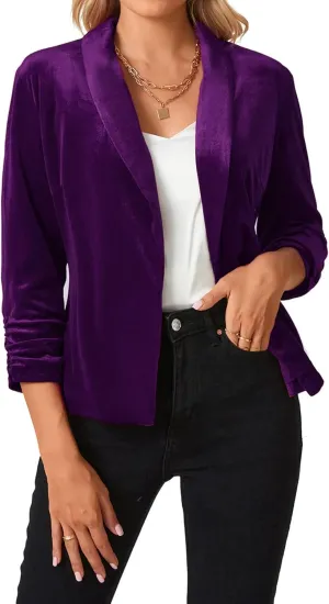 MINTLIMIT Women's Velvet Blazer 3/4 Ruched Sleeve Jacket Shawl Lapel Open Front Casual Blazers Jackets