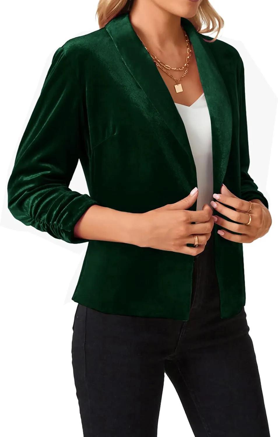 MINTLIMIT Women's Velvet Blazer 3/4 Ruched Sleeve Jacket Shawl Lapel Open Front Casual Blazers Jackets