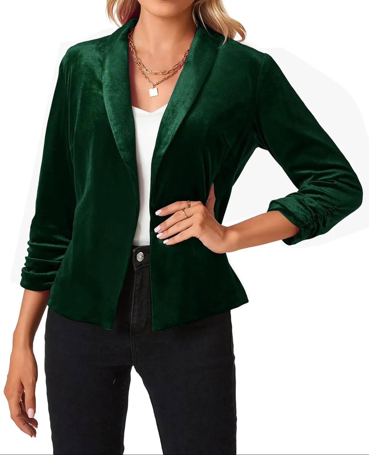 MINTLIMIT Women's Velvet Blazer 3/4 Ruched Sleeve Jacket Shawl Lapel Open Front Casual Blazers Jackets
