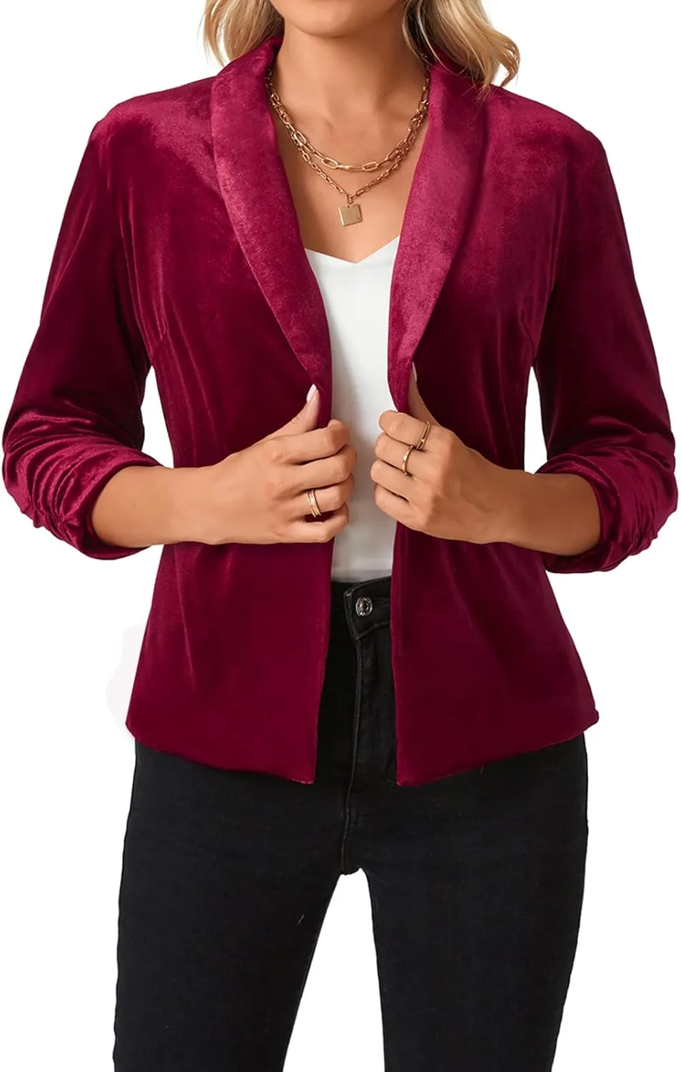 MINTLIMIT Women's Velvet Blazer 3/4 Ruched Sleeve Jacket Shawl Lapel Open Front Casual Blazers Jackets