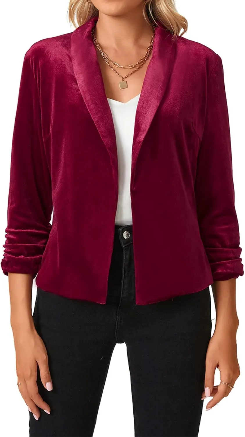 MINTLIMIT Women's Velvet Blazer 3/4 Ruched Sleeve Jacket Shawl Lapel Open Front Casual Blazers Jackets