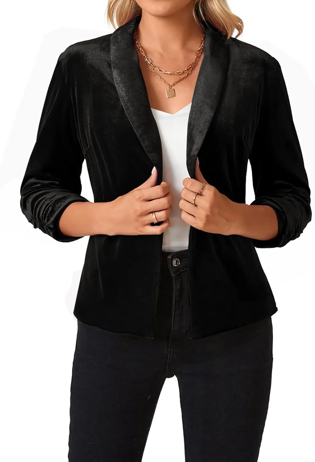 MINTLIMIT Women's Velvet Blazer 3/4 Ruched Sleeve Jacket Shawl Lapel Open Front Casual Blazers Jackets