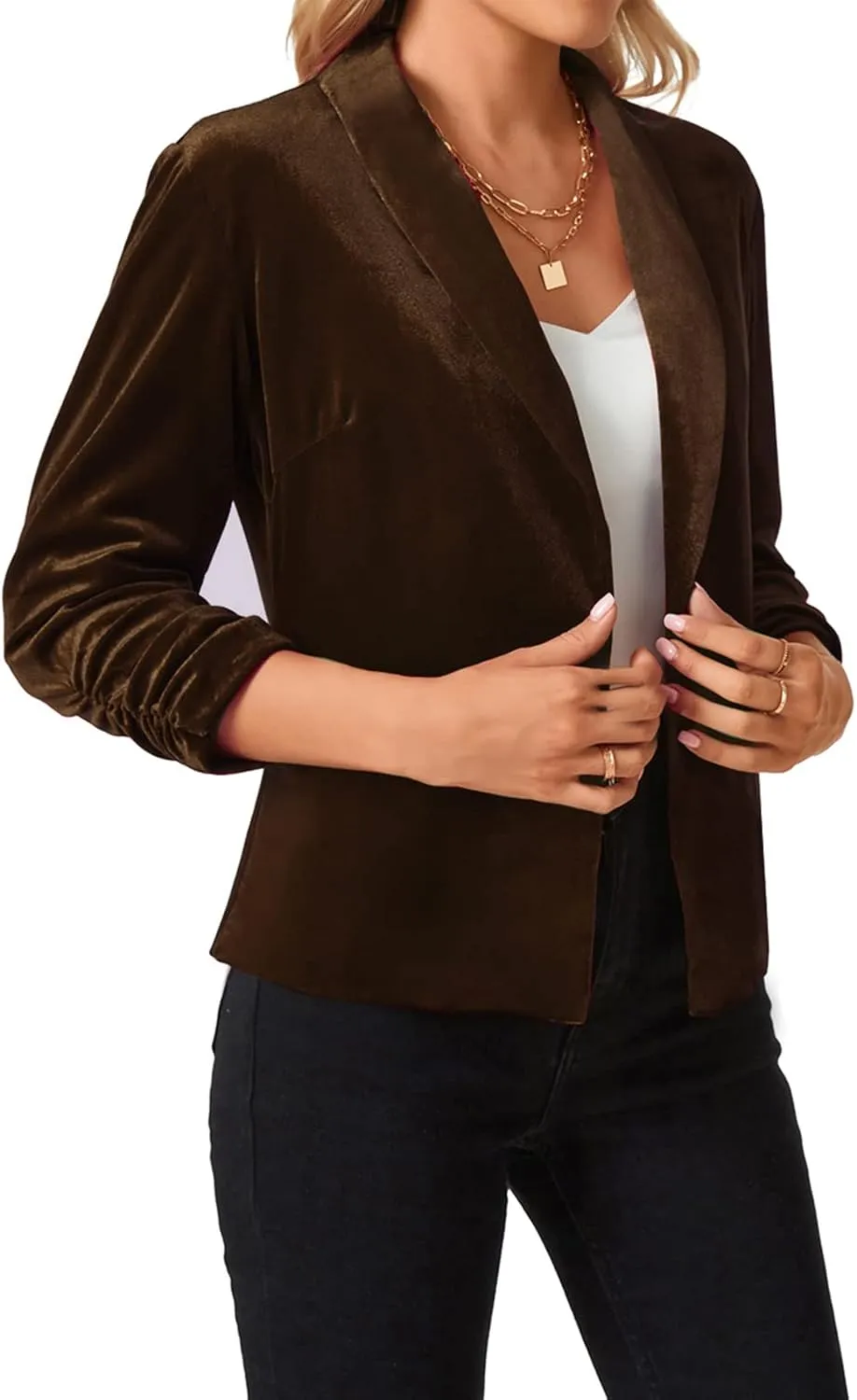 MINTLIMIT Women's Velvet Blazer 3/4 Ruched Sleeve Jacket Shawl Lapel Open Front Casual Blazers Jackets