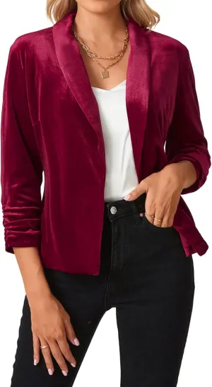 MINTLIMIT Women's Velvet Blazer 3/4 Ruched Sleeve Jacket Shawl Lapel Open Front Casual Blazers Jackets