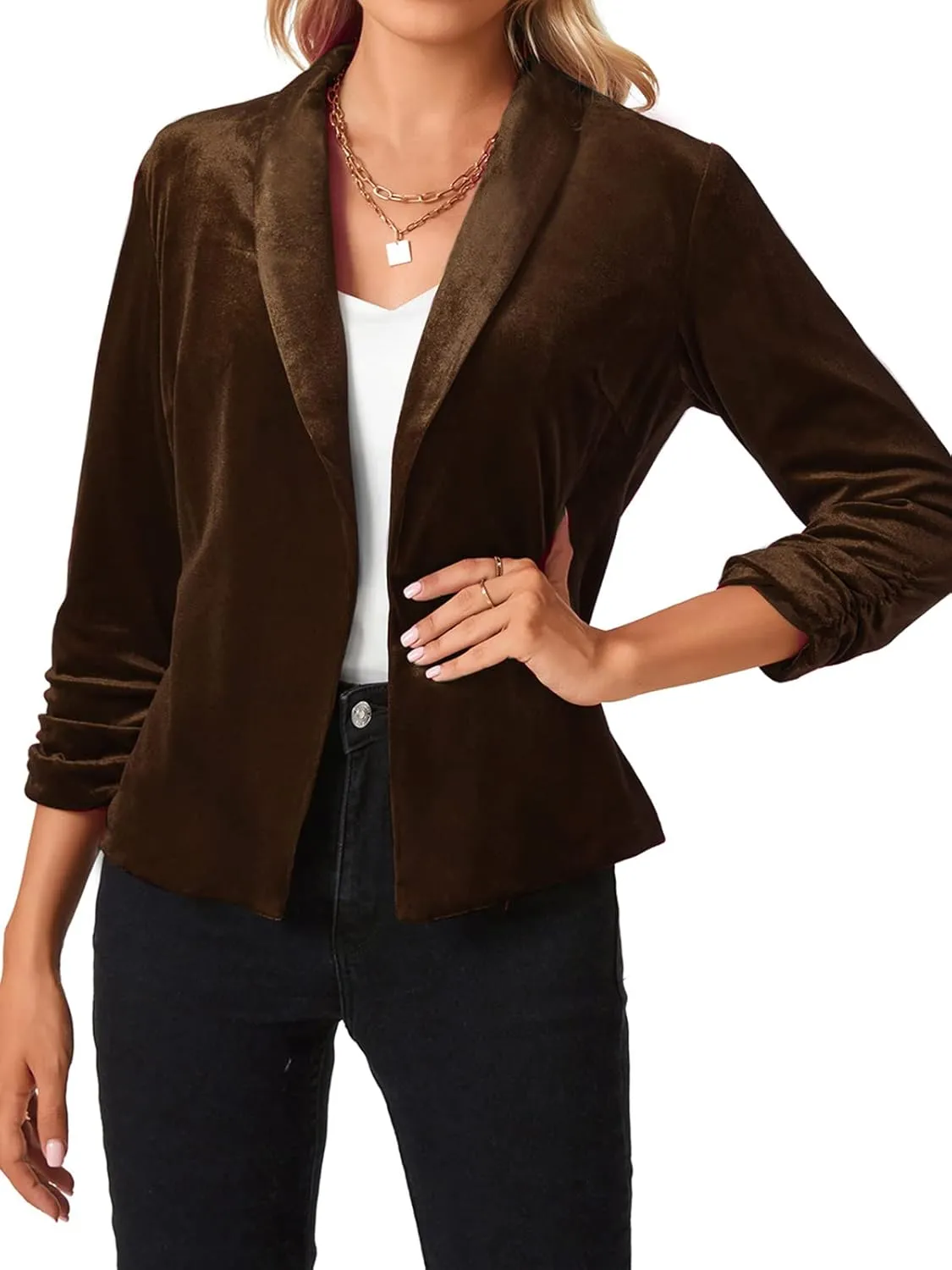 MINTLIMIT Women's Velvet Blazer 3/4 Ruched Sleeve Jacket Shawl Lapel Open Front Casual Blazers Jackets