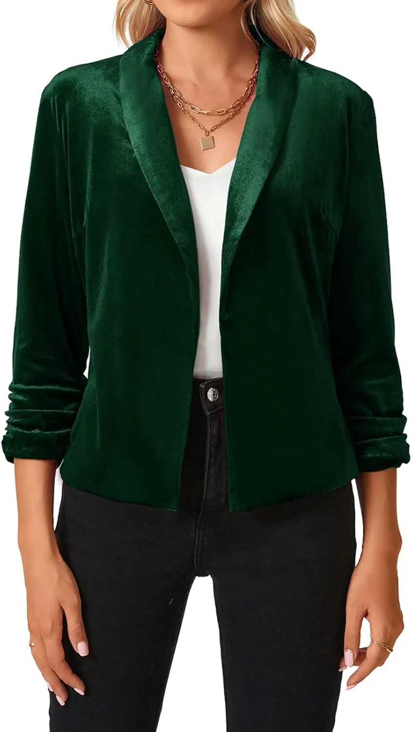 MINTLIMIT Women's Velvet Blazer 3/4 Ruched Sleeve Jacket Shawl Lapel Open Front Casual Blazers Jackets