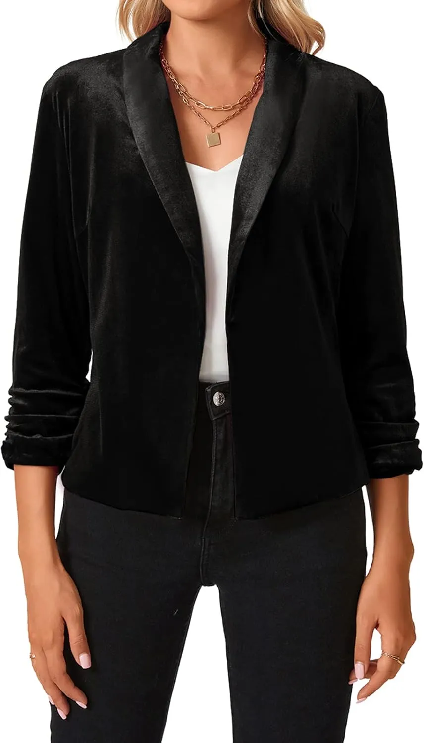 MINTLIMIT Women's Velvet Blazer 3/4 Ruched Sleeve Jacket Shawl Lapel Open Front Casual Blazers Jackets