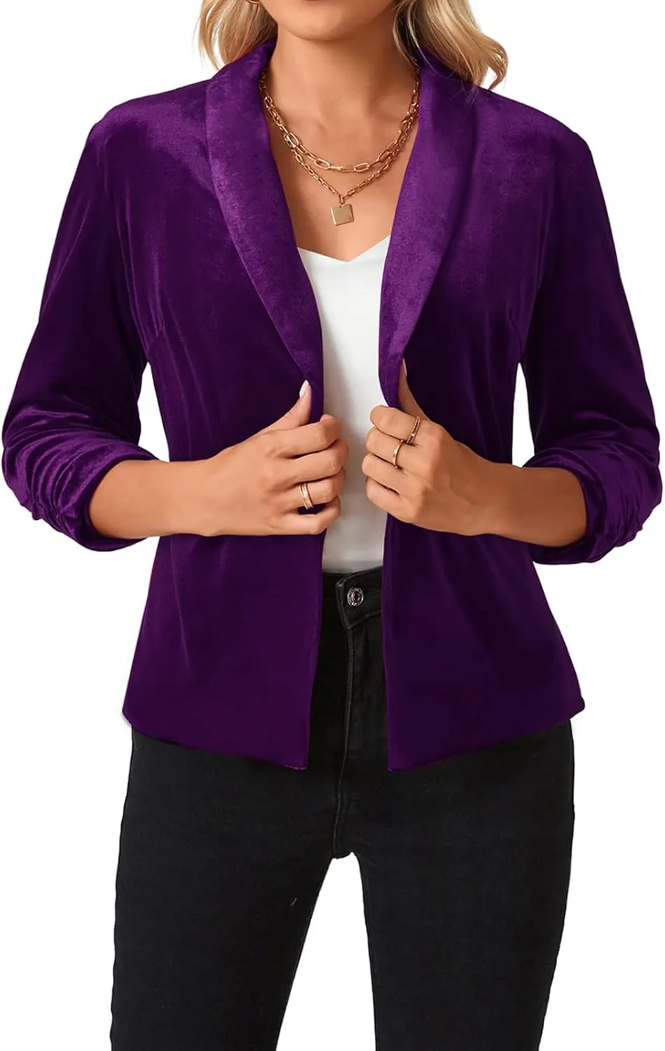 MINTLIMIT Women's Velvet Blazer 3/4 Ruched Sleeve Jacket Shawl Lapel Open Front Casual Blazers Jackets