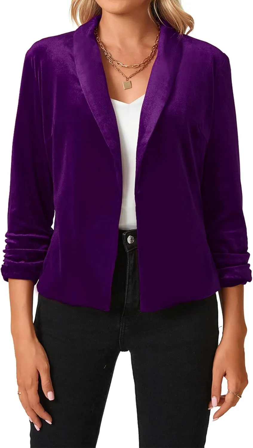 MINTLIMIT Women's Velvet Blazer 3/4 Ruched Sleeve Jacket Shawl Lapel Open Front Casual Blazers Jackets