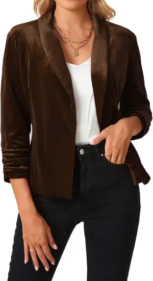 MINTLIMIT Women's Velvet Blazer 3/4 Ruched Sleeve Jacket Shawl Lapel Open Front Casual Blazers Jackets