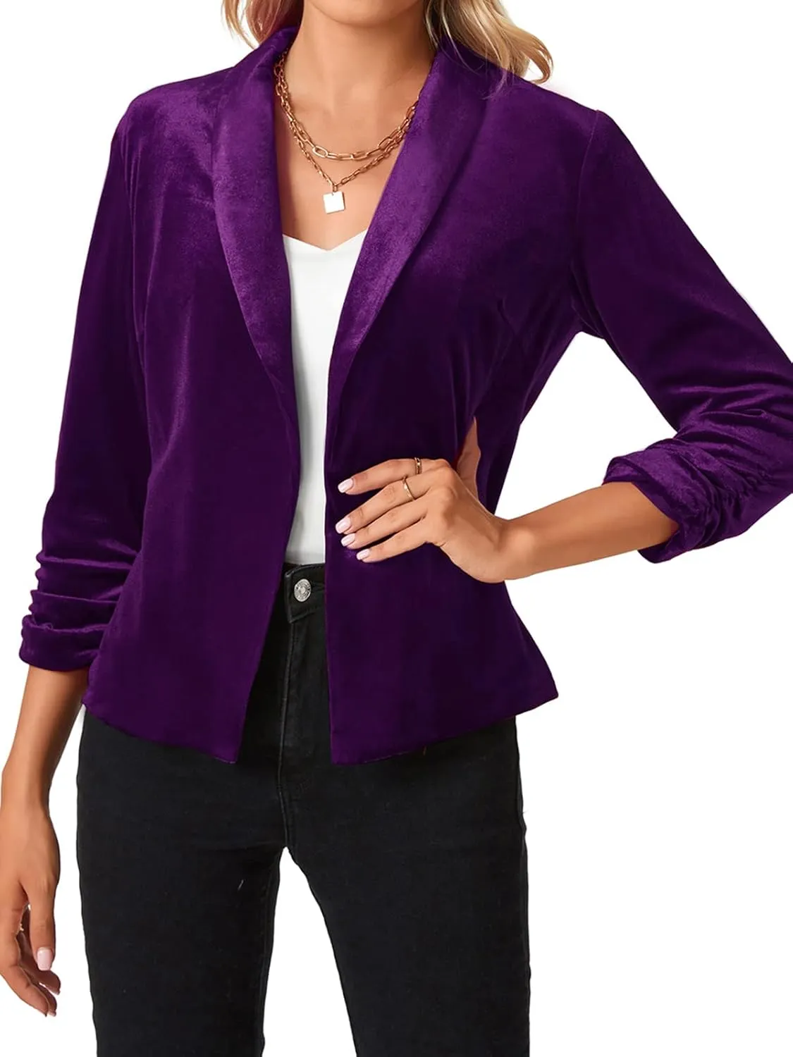 MINTLIMIT Women's Velvet Blazer 3/4 Ruched Sleeve Jacket Shawl Lapel Open Front Casual Blazers Jackets