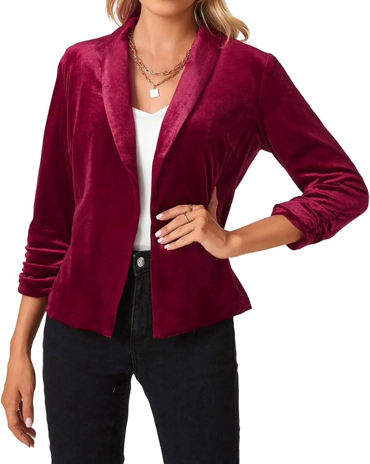 MINTLIMIT Women's Velvet Blazer 3/4 Ruched Sleeve Jacket Shawl Lapel Open Front Casual Blazers Jackets