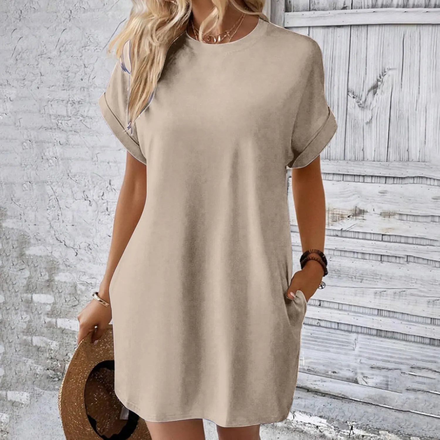 Moomoo Dresses for Women Solid Color Round Neck Batwing Sleeve T-Shirt Dress with Hidden Pockets