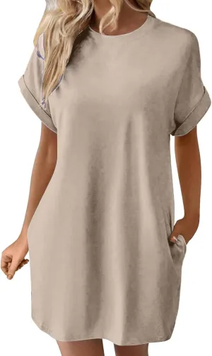 Moomoo Dresses for Women Solid Color Round Neck Batwing Sleeve T-Shirt Dress with Hidden Pockets