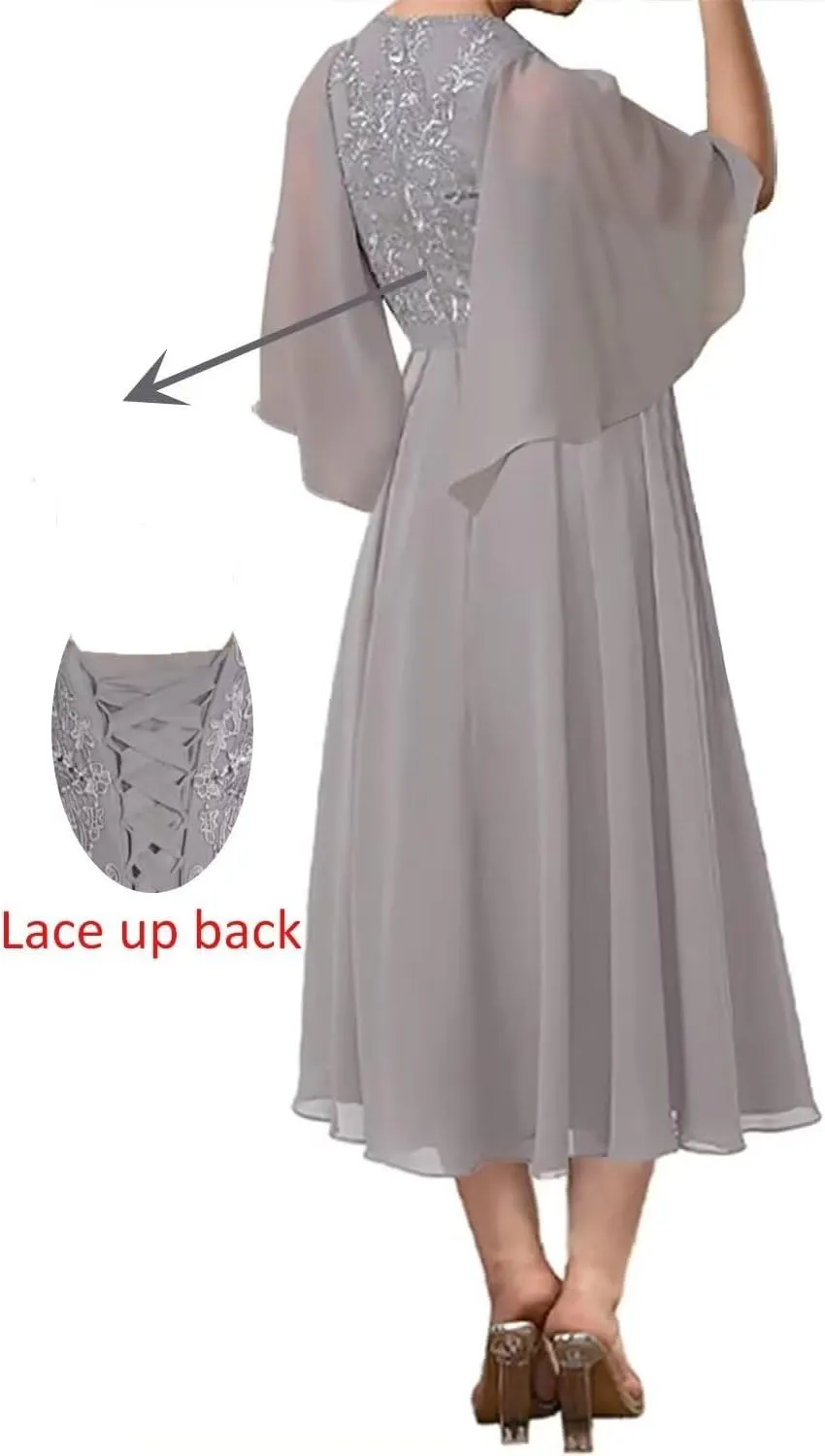 Mother of The Bride Dresses for Wedding Chiffon Lace Short Sleeves Evening Gowns Wedding Guest Dresses