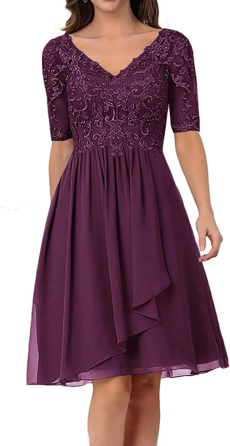 Mother of The Bride Dresses for Wedding Lace Appliques Chiffon V-Neck A-line with Sleeves Formal Evening Gowns