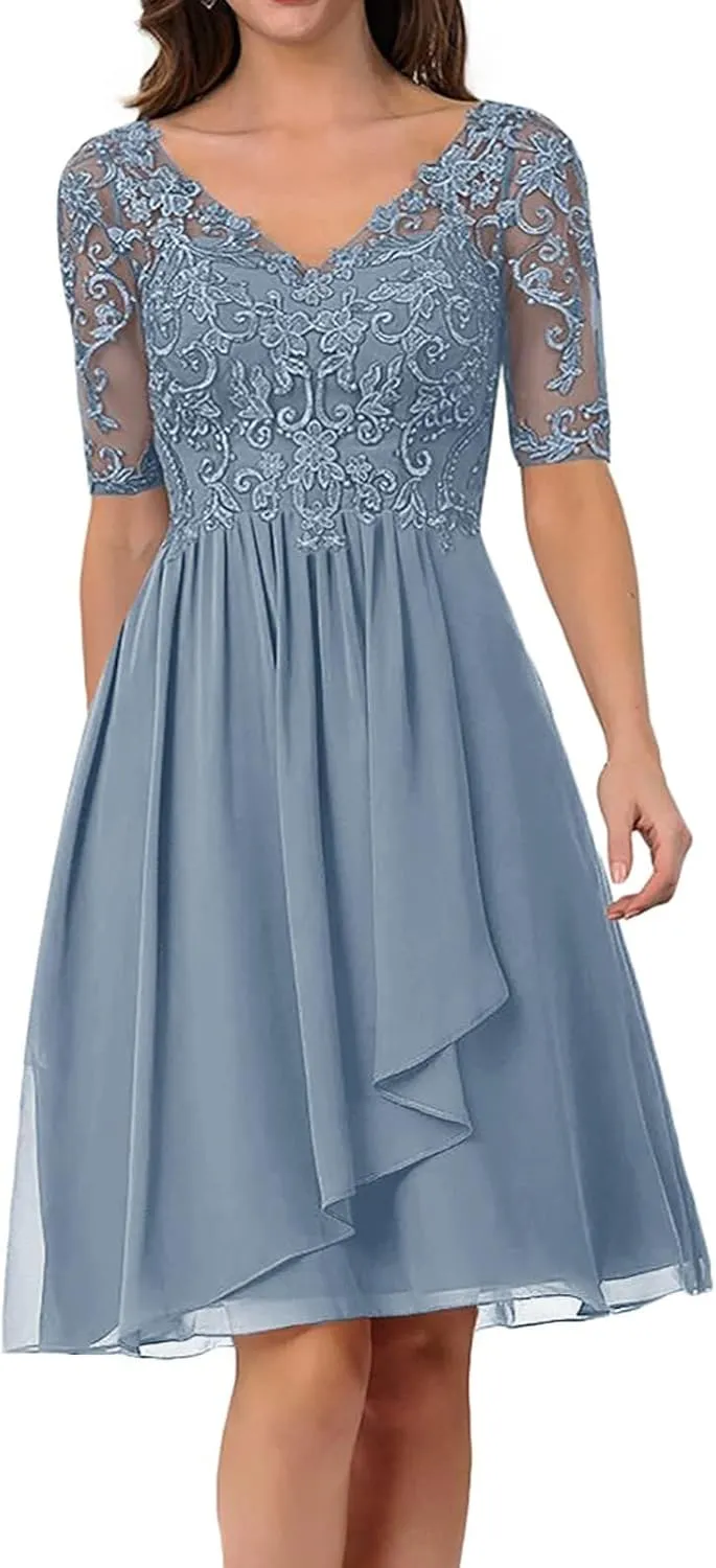 Mother of The Bride Dresses for Wedding Lace Appliques Chiffon V-Neck A-line with Sleeves Formal Evening Gowns