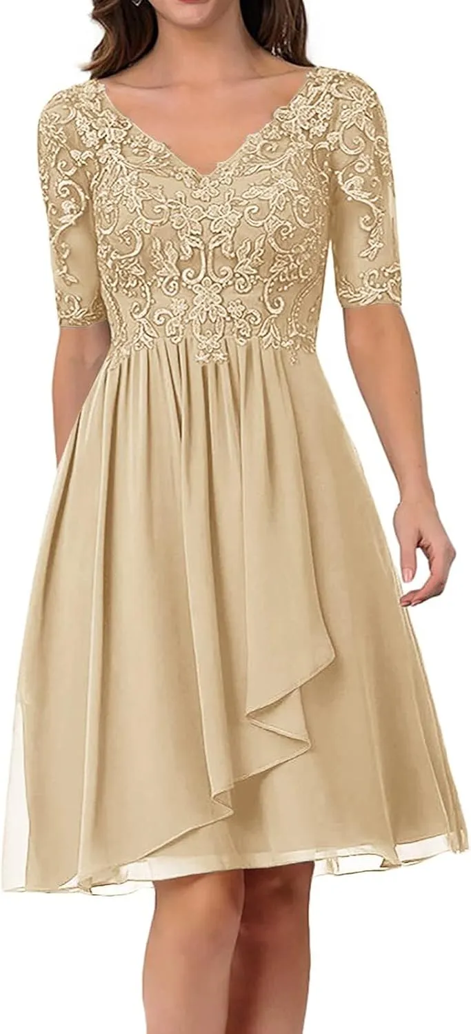 Mother of The Bride Dresses for Wedding Lace Appliques Chiffon V-Neck A-line with Sleeves Formal Evening Gowns