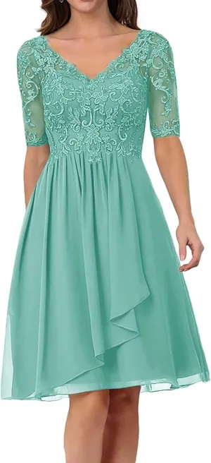 Mother of The Bride Dresses for Wedding Lace Appliques Chiffon V-Neck A-line with Sleeves Formal Evening Gowns