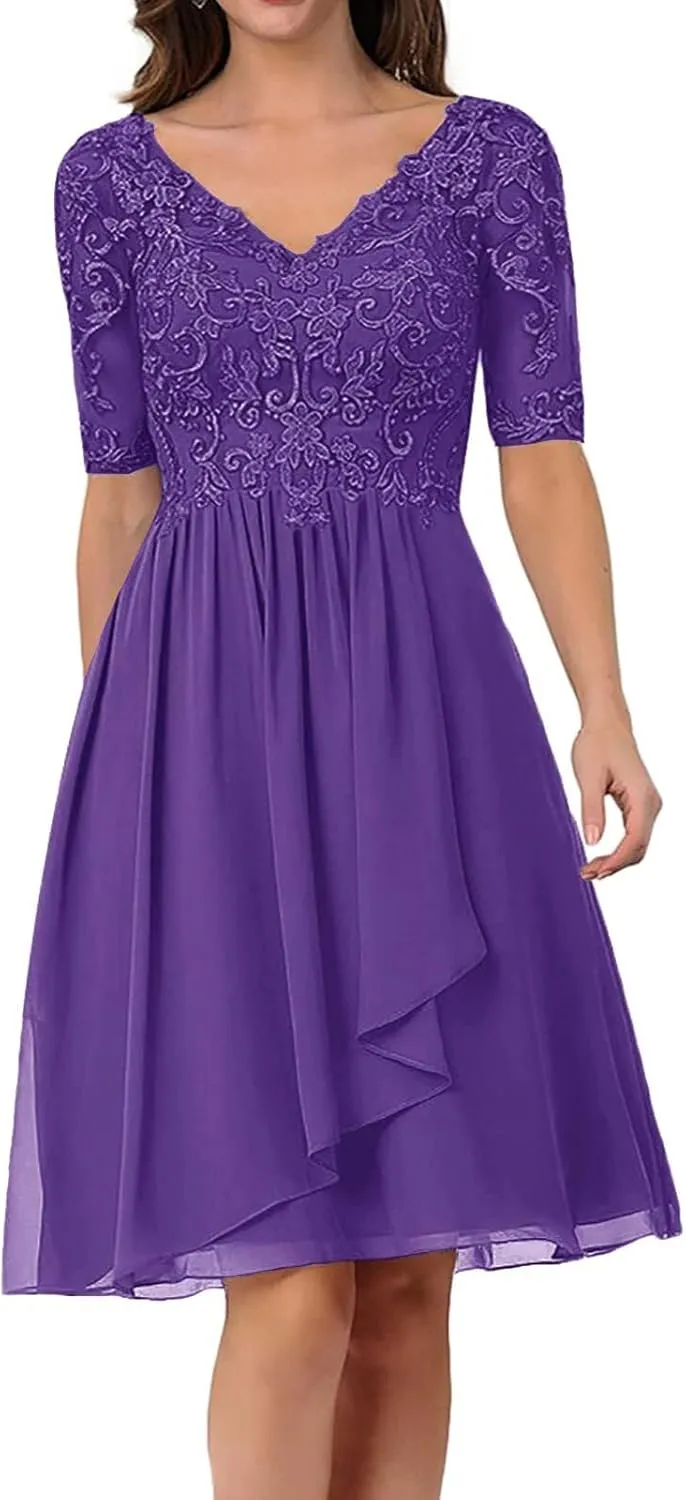 Mother of The Bride Dresses for Wedding Lace Appliques Chiffon V-Neck A-line with Sleeves Formal Evening Gowns