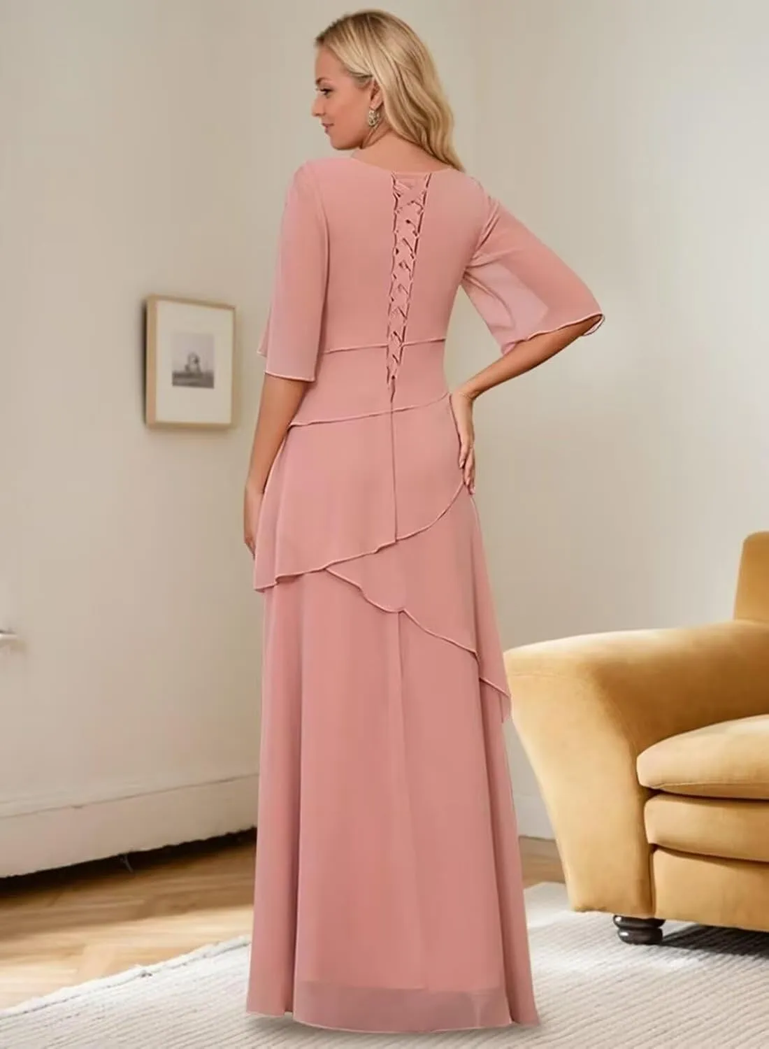 Mother of The Bride Dresses for Wedding Layered Chiffon Long Evening Dress Formal Gown with Sleeves
