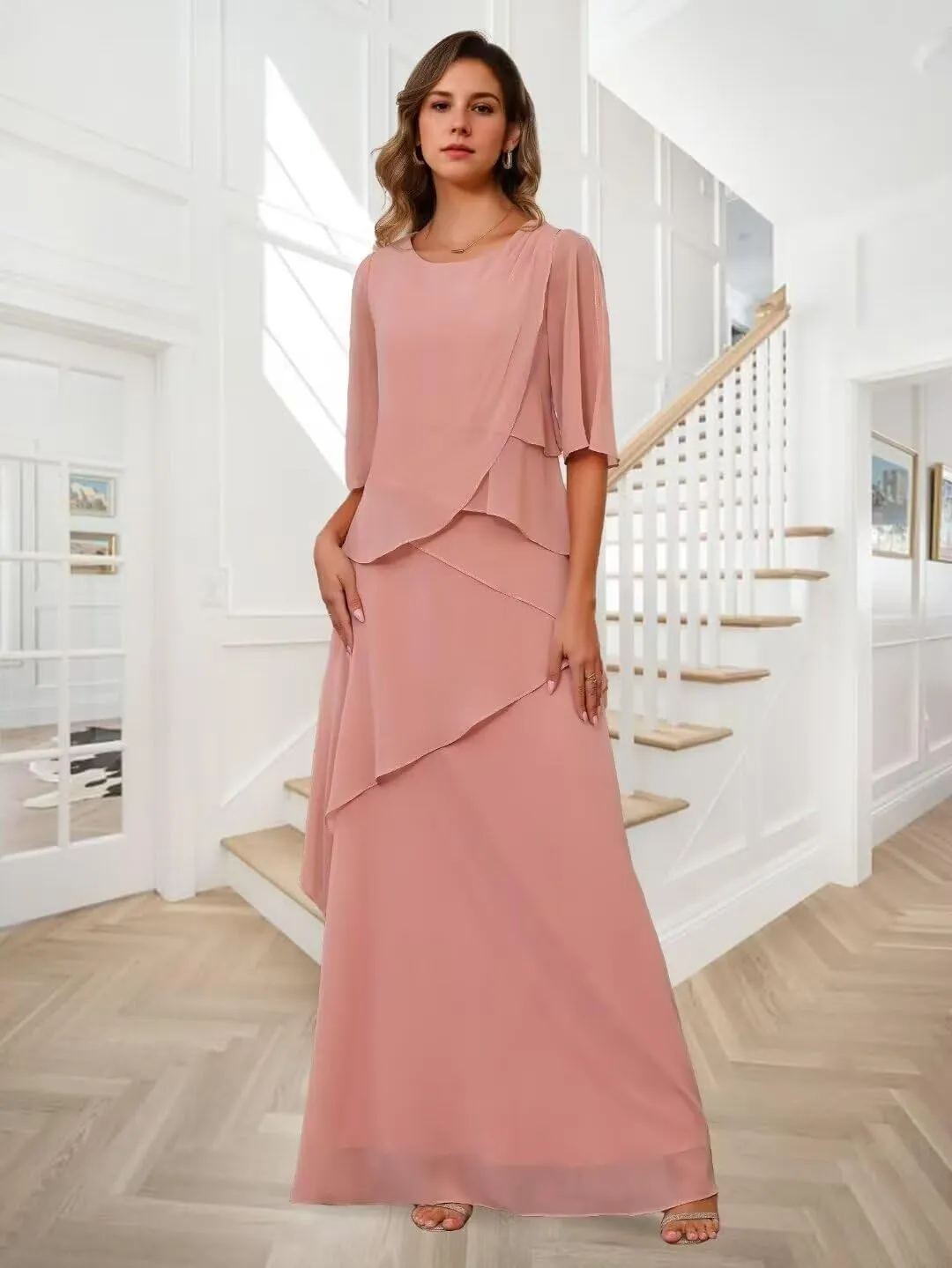 Mother of The Bride Dresses for Wedding Layered Chiffon Long Evening Dress Formal Gown with Sleeves