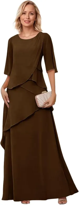 Mother of The Bride Dresses for Wedding Layered Chiffon Long Evening Dress Formal Gown with Sleeves
