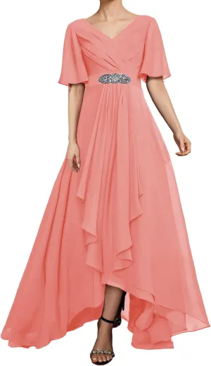 Mother of The Bride Dresses for Wedding Party Gowns Chiffon Formal Evening Dresses with Sleeves V-Neck Prom Dress