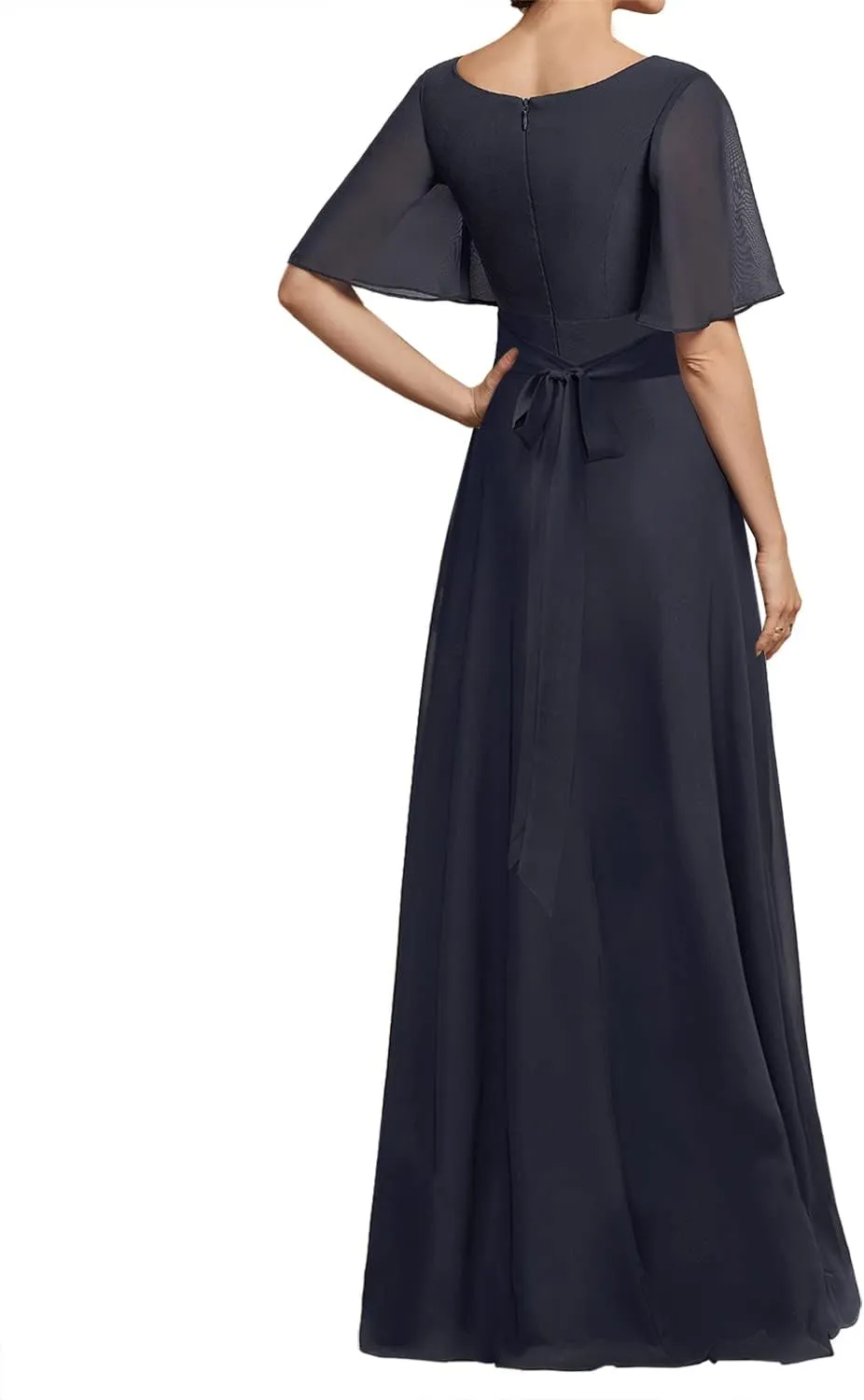 Mother of The Bride Dresses for Wedding Party Gowns Chiffon Formal Evening Dresses with Sleeves V-Neck Prom Dress