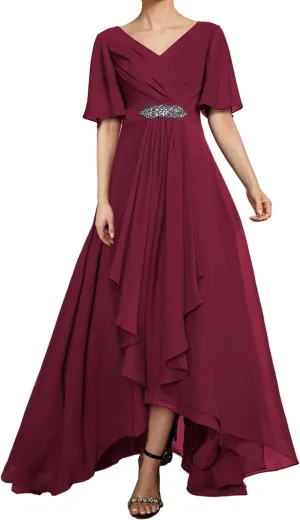 Mother of The Bride Dresses for Wedding Party Gowns Chiffon Formal Evening Dresses with Sleeves V-Neck Prom Dress