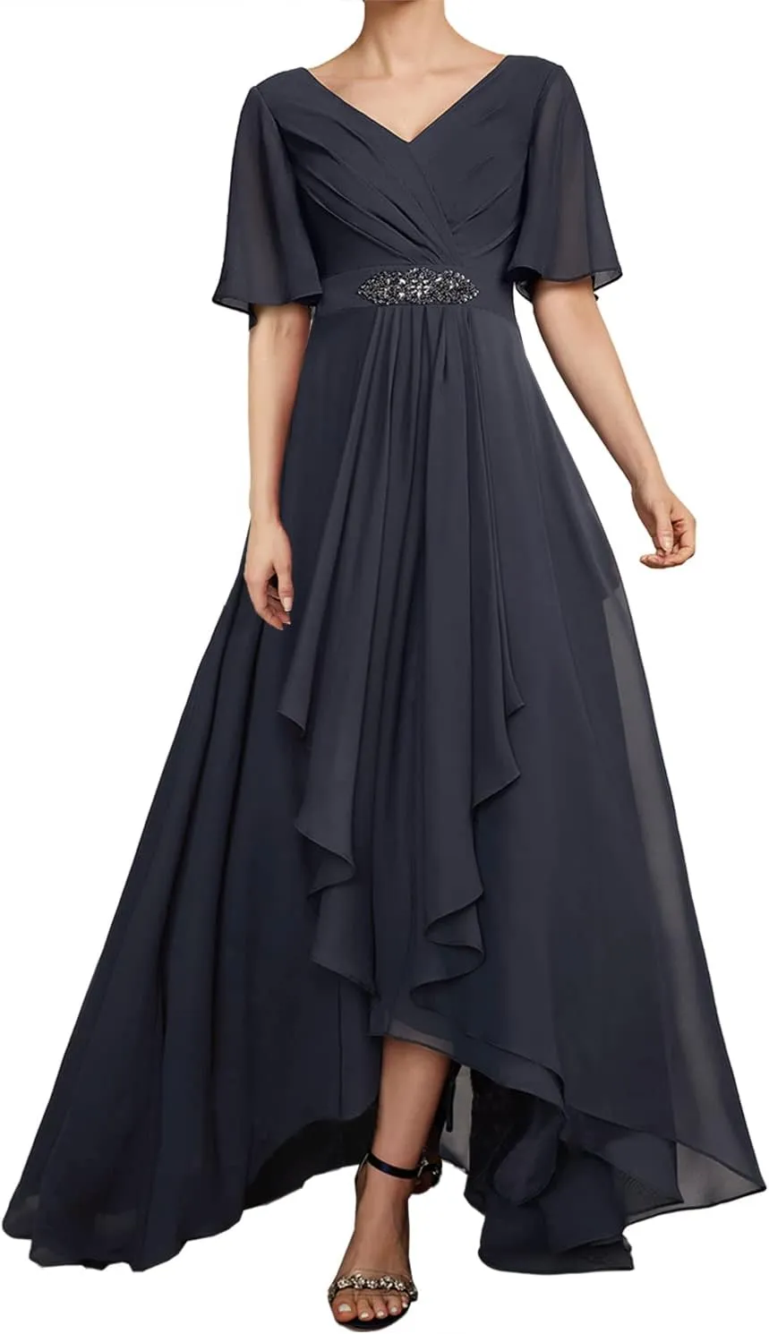 Mother of The Bride Dresses for Wedding Party Gowns Chiffon Formal Evening Dresses with Sleeves V-Neck Prom Dress