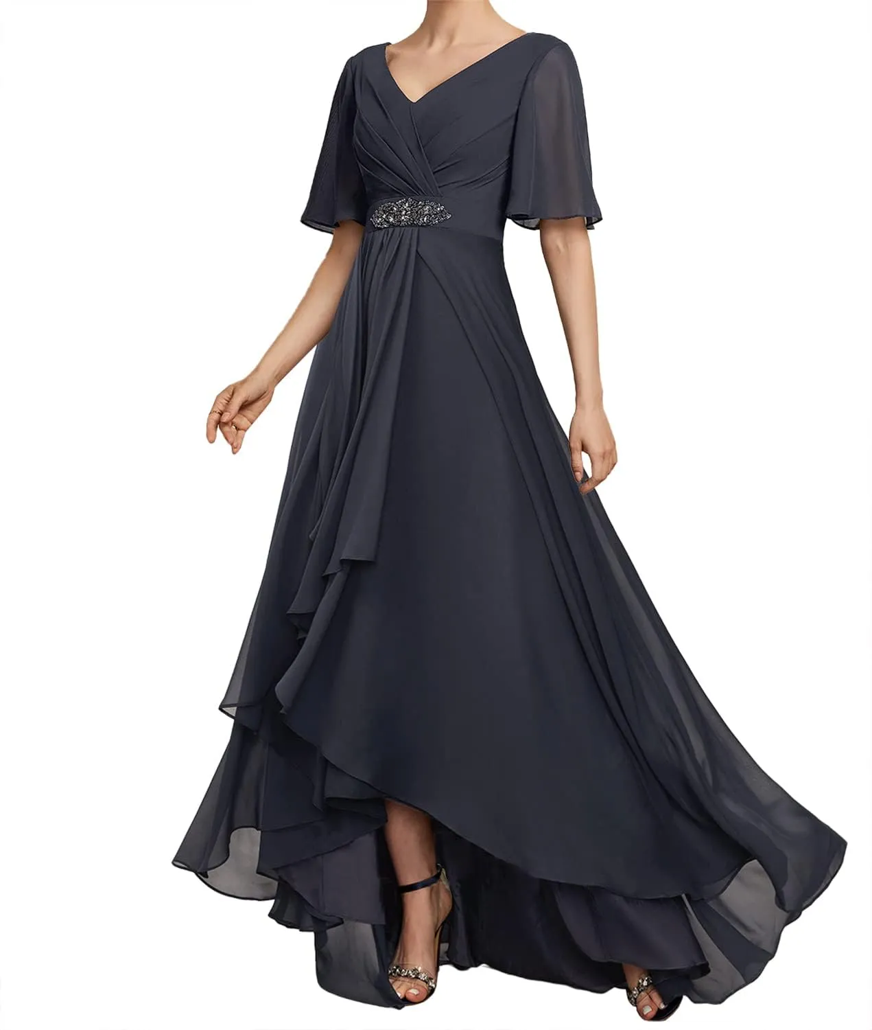 Mother of The Bride Dresses for Wedding Party Gowns Chiffon Formal Evening Dresses with Sleeves V-Neck Prom Dress