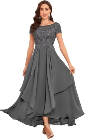 Mother of The Bride Dresses for Wedding Short Sleeve Lace Chiffon Ruched Formal Evening Dress