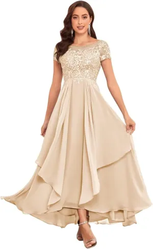 Mother of The Bride Dresses for Wedding Short Sleeve Lace Chiffon Ruched Formal Evening Dress